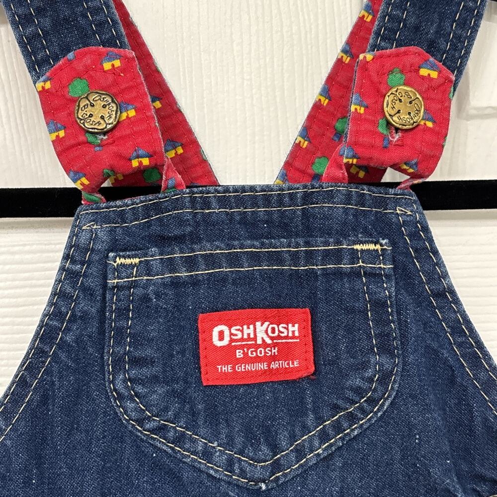 Vintage 2T Oshkosh Overalls Denim House Tree Print 80s 90s Paper Tag USA VGUC - Picture 2 of 9